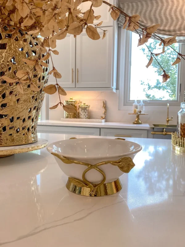 Inspire Me! Home Decor White Ceramic Bowl With Gold Leaf Details And Base (2 Sizes)