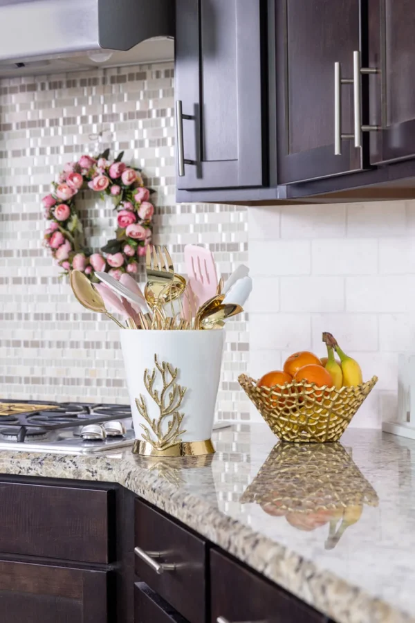 Inspire Me! Home Decor White Ceramic Utensil Holder With Gold Textured Details & Base ” From Pops Of Color Home Collection”