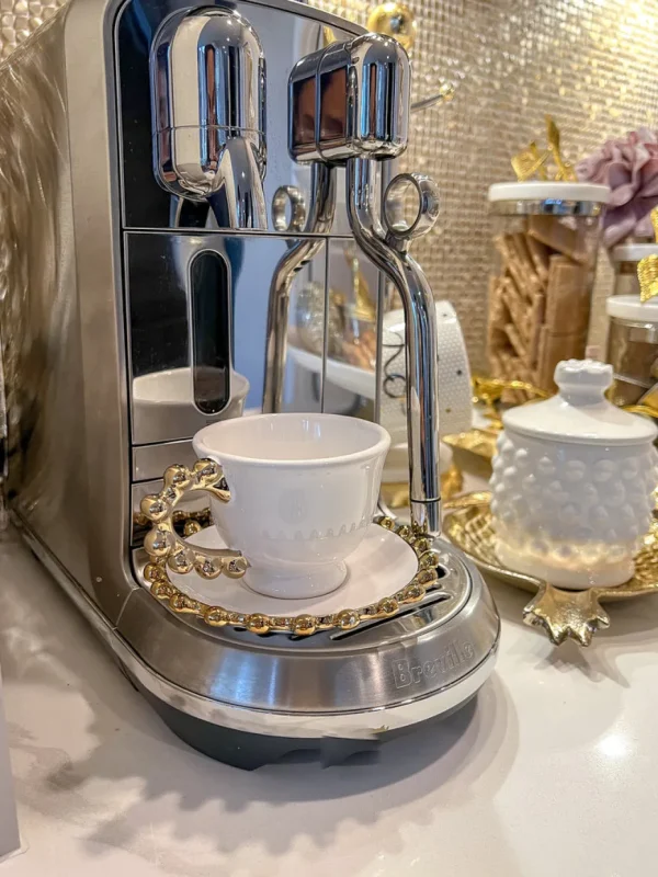 Inspire Me! Home Decor White And Gold Beaded Espresso Cup And Saucer