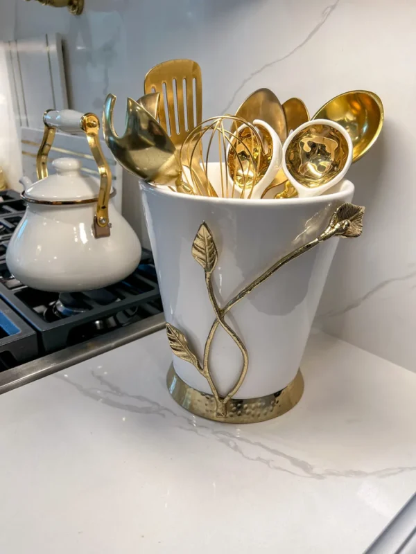 Inspire Me! Home Decor White Ceramic Utensil Holder With Gold Leaf Details & Base