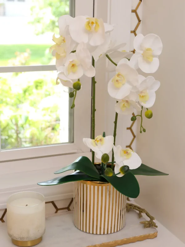Inspire Me! Home Decor White Potted Faux Orchid In Gold And White Vase