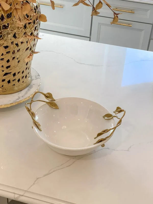 Inspire Me! Home Decor White Ceramic Bowl With Gold Vine & Leaf Handles