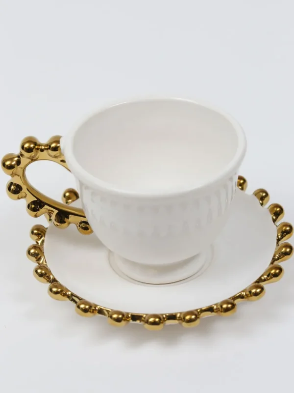 Inspire Me! Home Decor White And Gold Beaded Espresso Cup And Saucer
