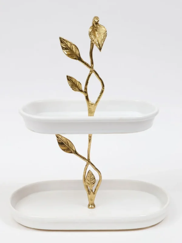 Inspire Me! Home Decor White Ceramic Two Tier Cake Stand With Gold Leaf Details