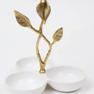 Inspire Me! Home Decor White Porcelain 3 Bowl Snack Dish Gold