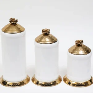 Inspire Me! Home Decor White Ceramic Jars With Gold Flower Lid (3 Sizes)