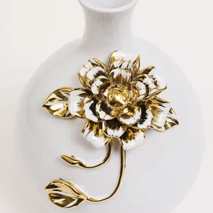 Inspire Me! Home Decor White Ceramic Vase With Gold Textured Flower Design