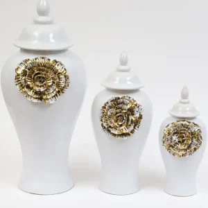 Inspire Me! Home Decor White Ginger Jar With Large Gold Flower Detail (3 Sizes)