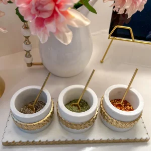 Inspire Me! Home Decor White Marble Condiment Tray With 3 Bowls & Golden Spoons