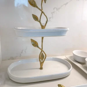 Inspire Me! Home Decor White Ceramic Two Tier Cake Stand With Gold Leaf Details