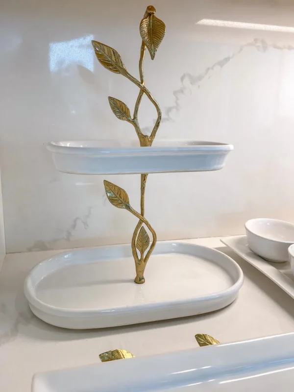 Inspire Me! Home Decor White Ceramic Two Tier Cake Stand With Gold Leaf Details
