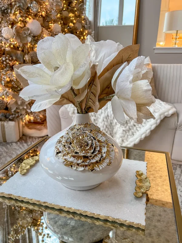 Inspire Me! Home Decor White Ceramic Vase With Gold Flower Design