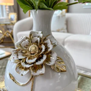 Inspire Me! Home Decor White Ceramic Vase With Gold Textured Flower Design