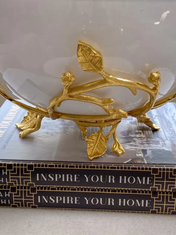 Inspire Me! Home Decor White Glass Bowl With Gold Leaf Stand