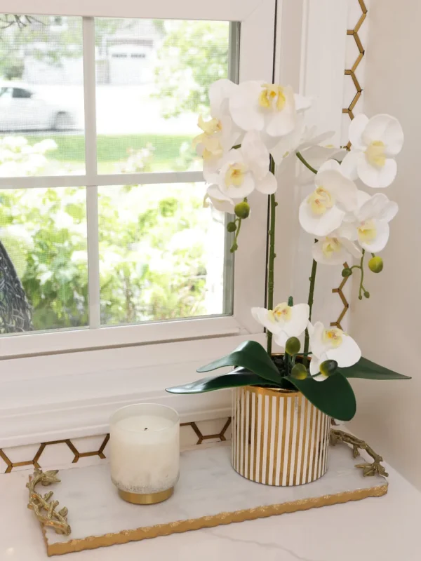 Inspire Me! Home Decor White Potted Faux Orchid In Gold And White Vase