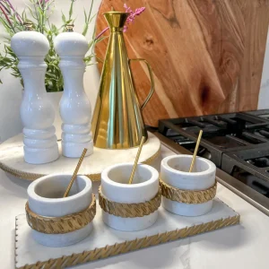 Inspire Me! Home Decor White Marble Condiment Tray With 3 Bowls & Golden Spoons