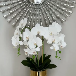 Inspire Me! Home Decor White Faux Orchid In Shiny Gold Pot “From Pops Of Color Home Collection” Floral Stems