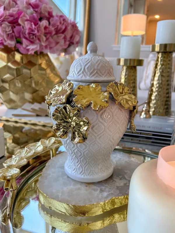 Inspire Me! Home Decor White Textured Ginger Jar With Gold Floral Design (3 Sizes)