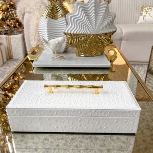Inspire Me! Home Decor White Faux Leather Lidded Box With Gold Handle