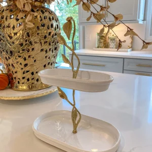 Inspire Me! Home Decor White Ceramic Two Tier Cake Stand With Gold Leaf Details