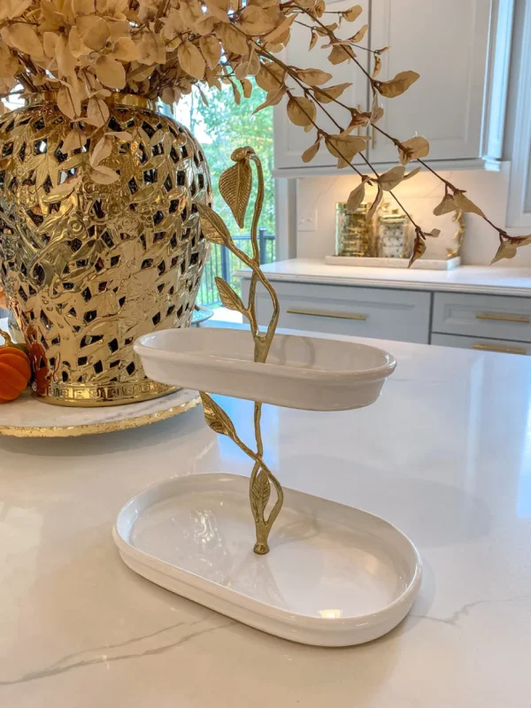 Inspire Me! Home Decor White Ceramic Two Tier Cake Stand With Gold Leaf Details