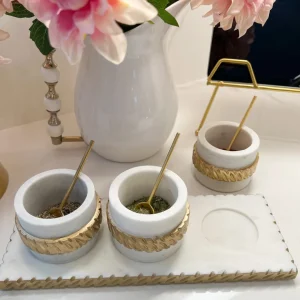 Inspire Me! Home Decor White Marble Condiment Tray With 3 Bowls & Golden Spoons