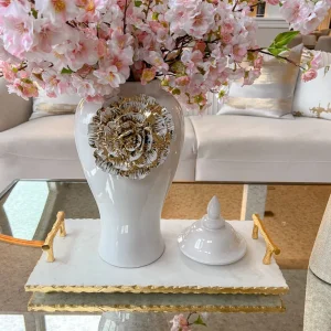 Inspire Me! Home Decor White Ginger Jar With Large Gold Flower Detail (3 Sizes)