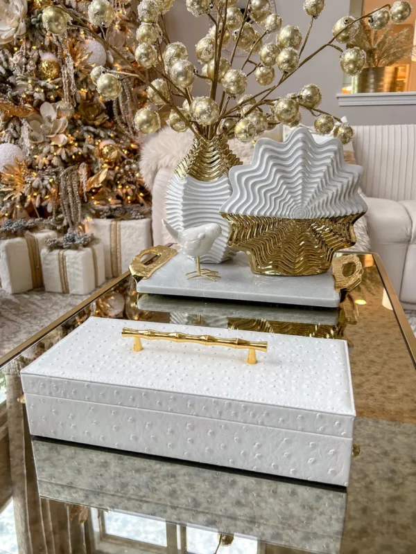 Inspire Me! Home Decor White Faux Leather Lidded Box With Gold Handle